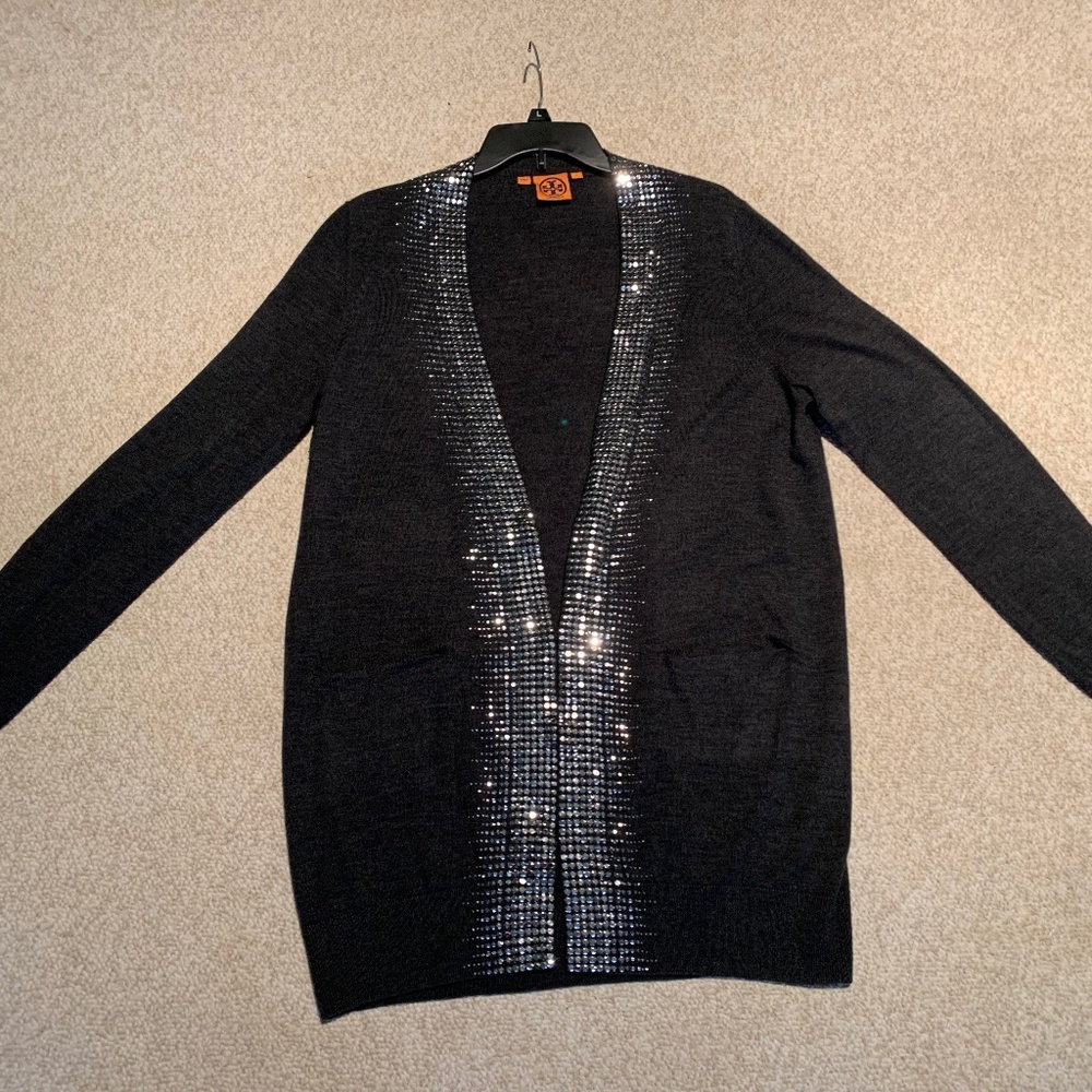 Tory Burch Dark Gray Sequin Cardigan, size Large